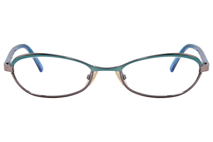A pair of oval eyeglasses with blue green frames.