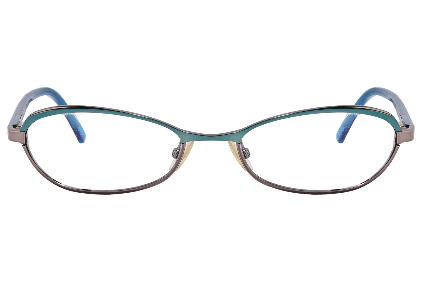 marc jacobs oval blue green eyeglasses frame viewed from front angle.