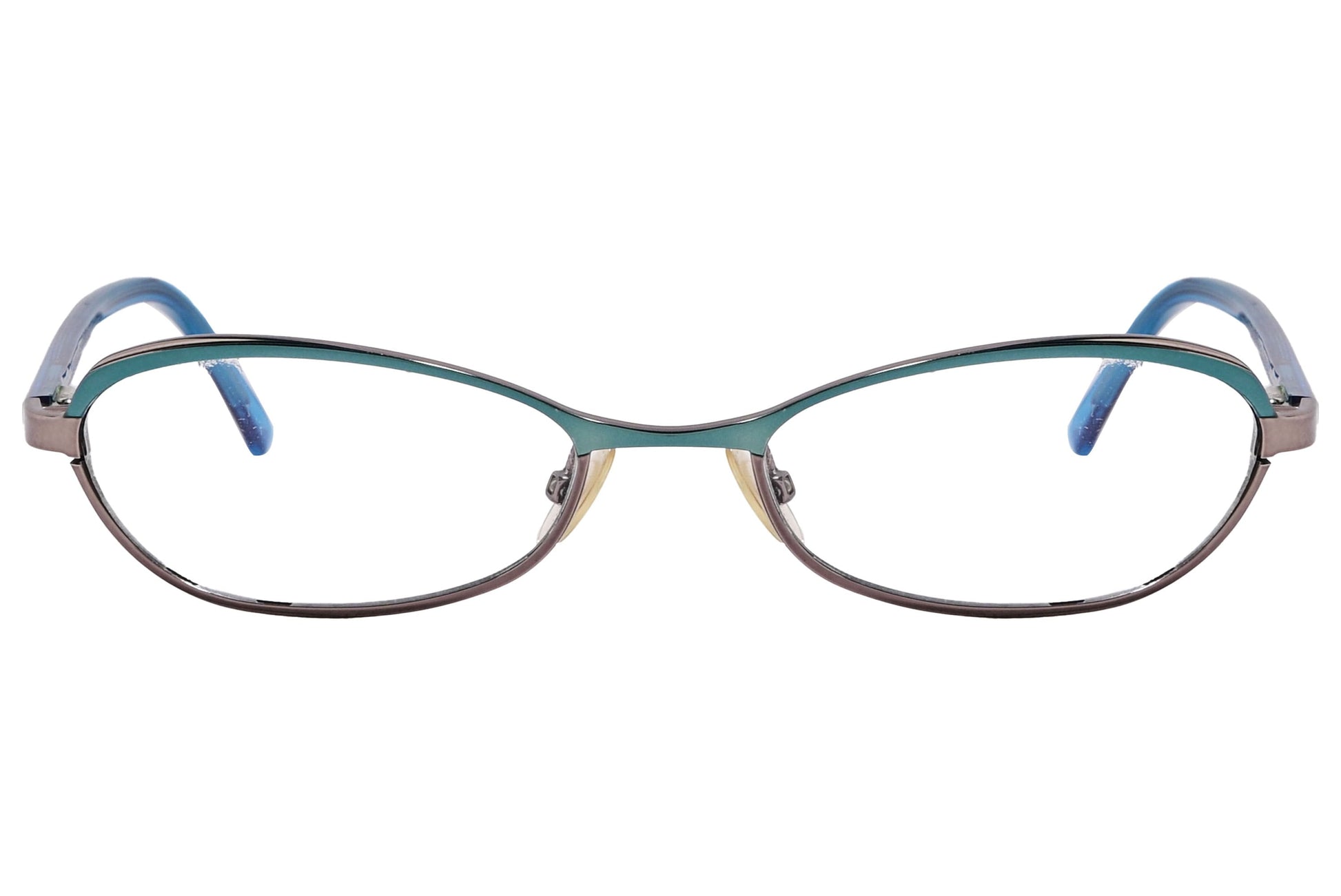 marc jacobs oval blue green eyeglasses frame viewed from front angle.