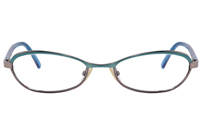 marc jacobs oval blue green eyeglasses frame viewed from front angle.