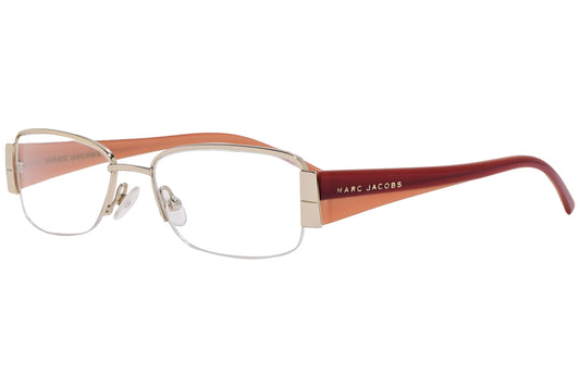 marc jacobs rectangle brown eyeglasses frame viewed from a 45-degree angle.