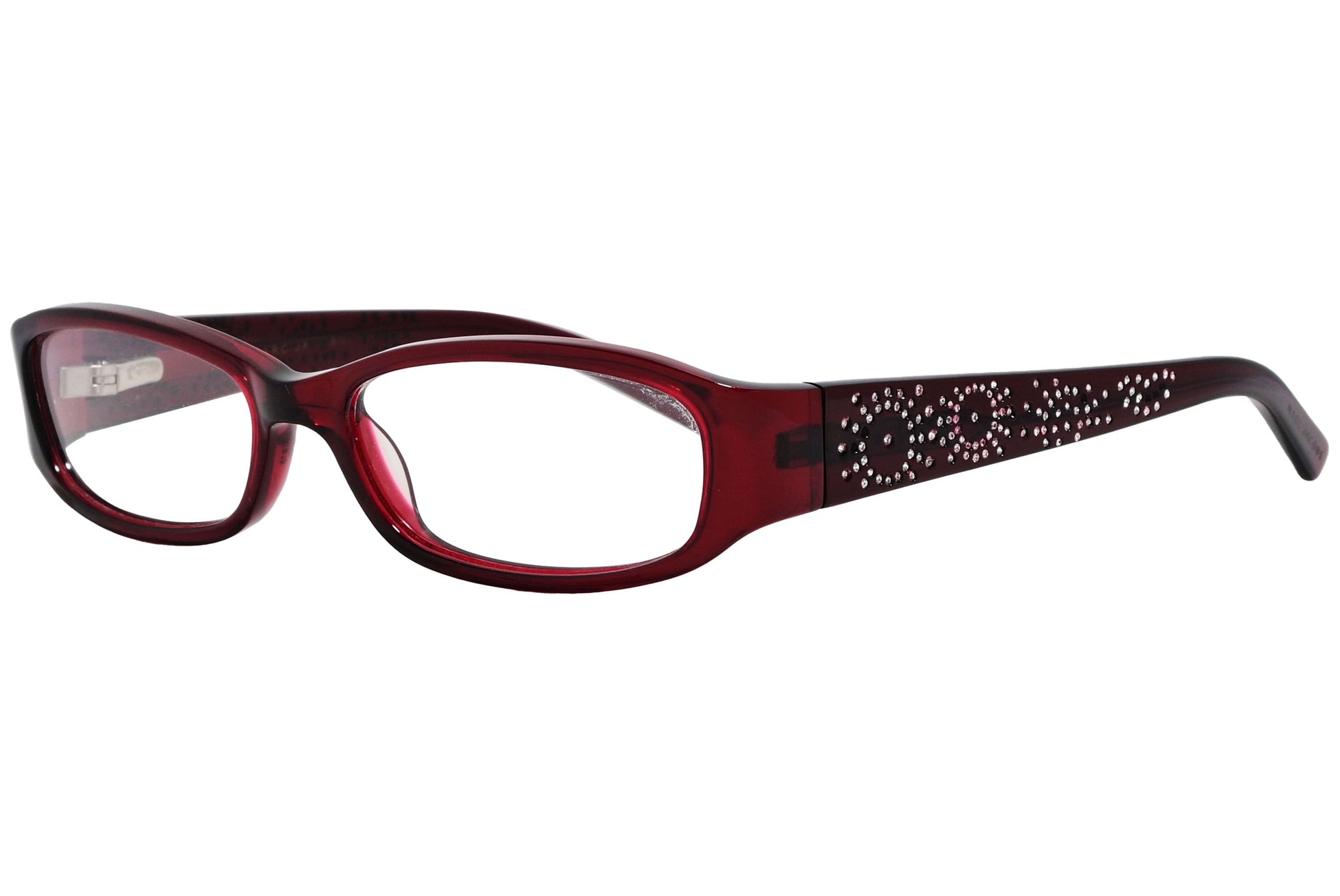 marc jacobs rectangle red eyeglasses frame viewed from a 45-degree angle.