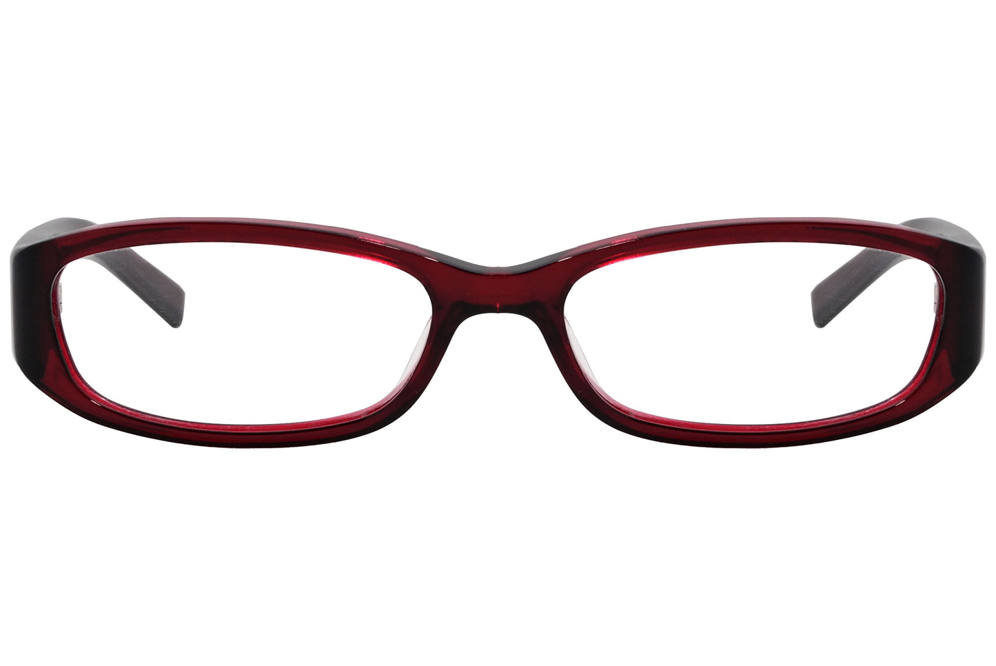 marc jacobs rectangle red eyeglasses frame viewed from front angle.