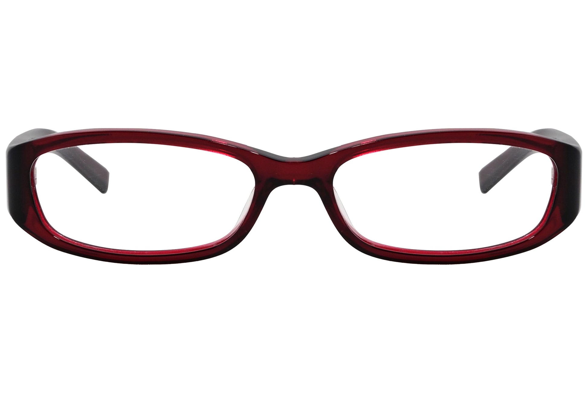 marc jacobs rectangle red eyeglasses frame viewed from front angle.