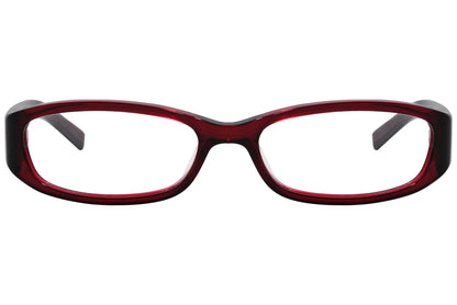 marc jacobs rectangle red eyeglasses frame viewed from front angle.