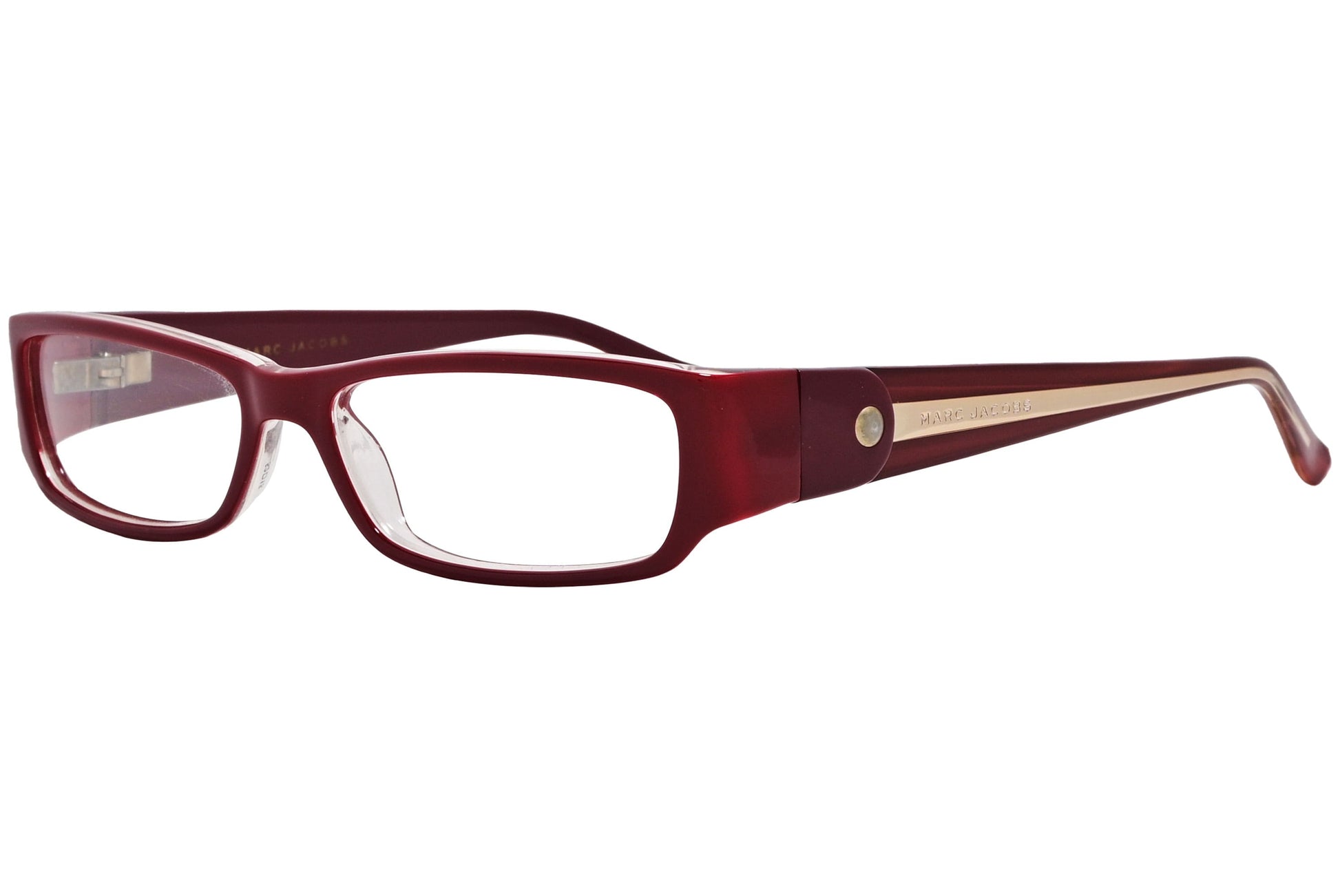 marc jacobs rectangle red eyeglasses frame viewed from a 45-degree angle.