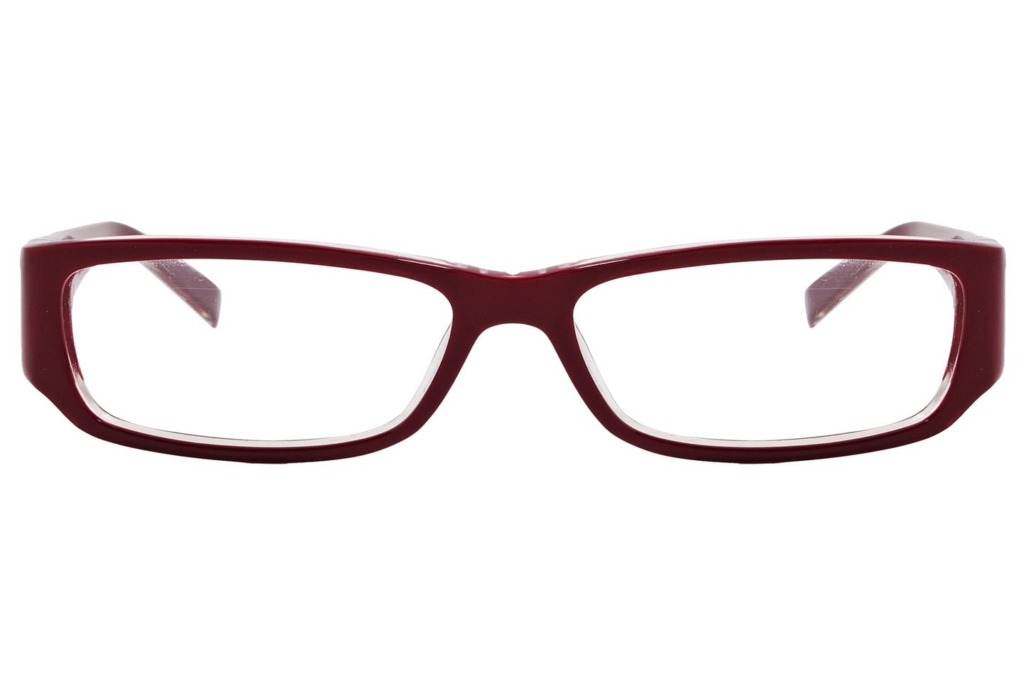 marc jacobs rectangle red eyeglasses frame viewed from front angle.