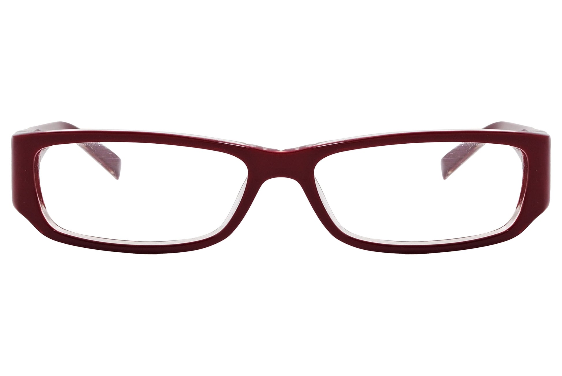 marc jacobs rectangle red eyeglasses frame viewed from front angle.