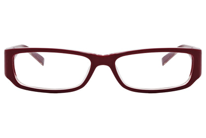 marc jacobs rectangle red eyeglasses frame viewed from front angle.