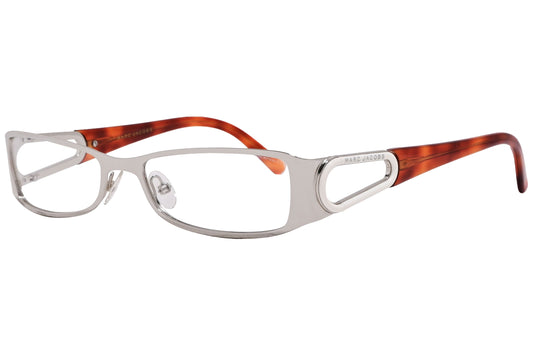 marc jacobs rectangle silver eyeglasses frame viewed from a 45-degree angle.