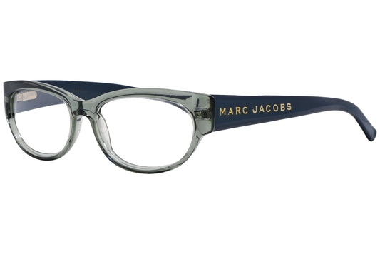 marc jacobs rectangle dark slate grey eyeglasses frame viewed from a 45-degree angle.