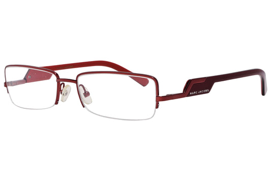 marc jacobs rectangle maroon eyeglasses frame viewed from a 45-degree angle.