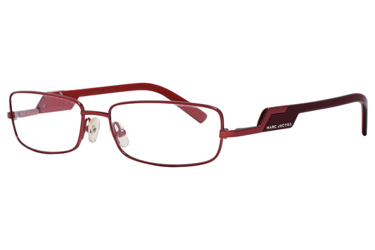 marc jacobs rectangle maroon eyeglasses frame viewed from a 45-degree angle.