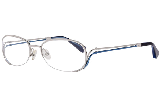 marc jacobs rectangle silver with blue eyeglasses frame viewed from a 45-degree angle.