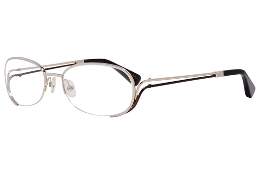 marc jacobs rectangle silver with brown eyeglasses frame viewed from a 45-degree angle.