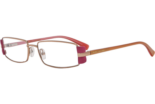 marc jacobs rectangle pink with brown eyeglasses frame viewed from a 45-degree angle.