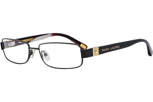 marc jacobs rectangle black with gold eyeglasses frame viewed from a 45-degree angle.