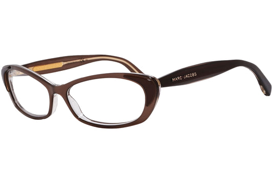 marc jacobs geometric brown eyeglasses frame viewed from a 45-degree angle.