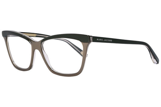 marc jacobs wayfarer brownish gray eyeglasses frame viewed from a 45-degree angle.