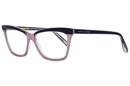 marc jacobs wayfarer light pink with black eyeglasses frame viewed from a 45-degree angle.