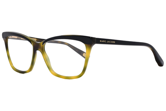 marc jacobs wayfarer yellow with black eyeglasses frame viewed from a 45-degree angle.