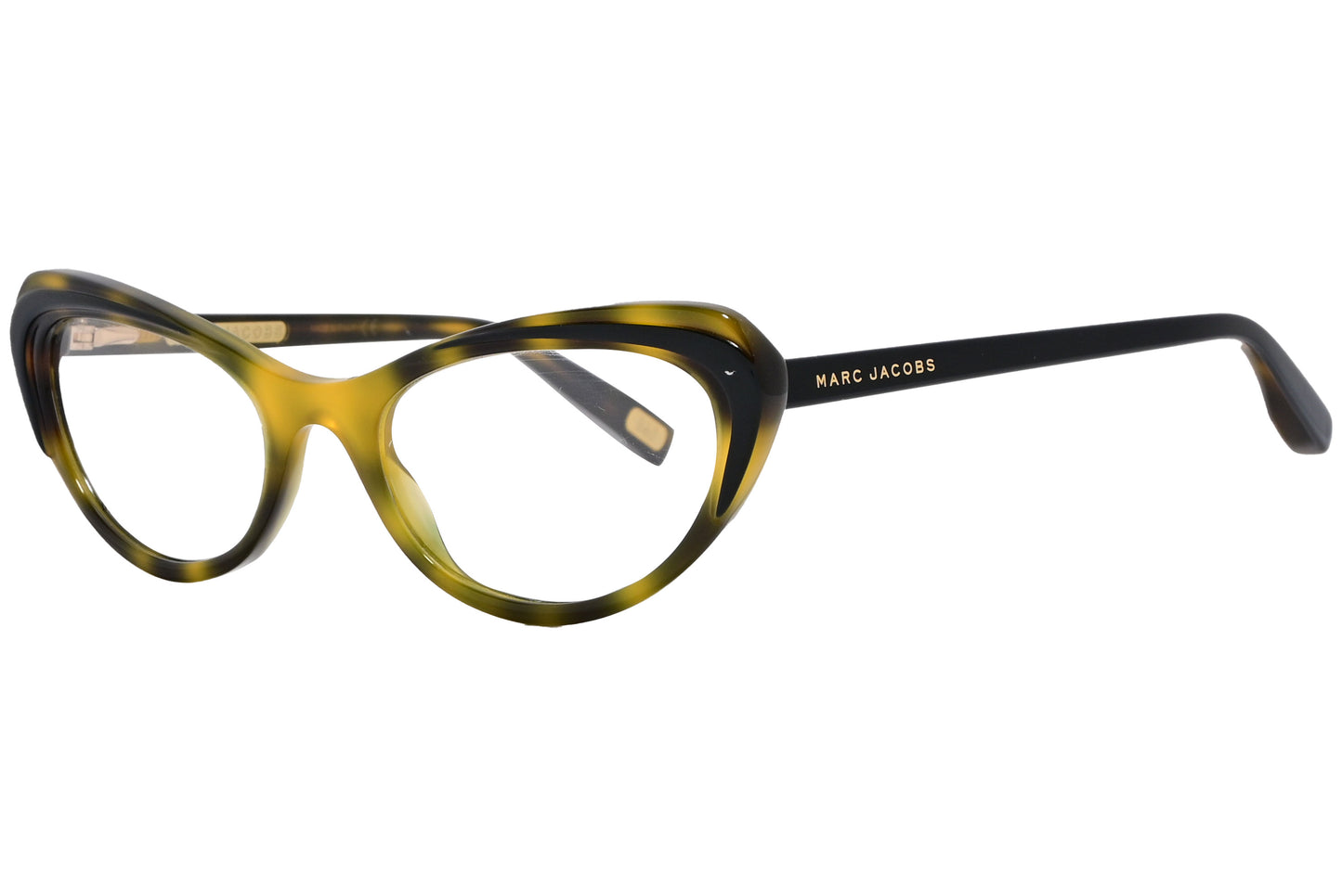 A pair of cat-eye eyeglasses with orange gold frames and black temples, featuring the brand name 'MARC JACOBS' on the side.