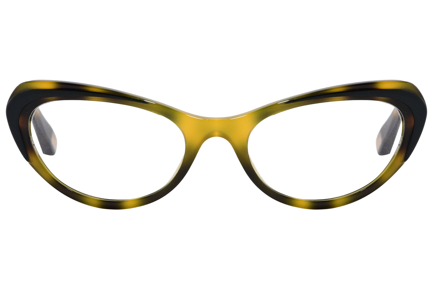 A pair of cat-eye eyeglasses with orange gold frames and black temples, featuring the brand name 'MARC JACOBS' on the side.