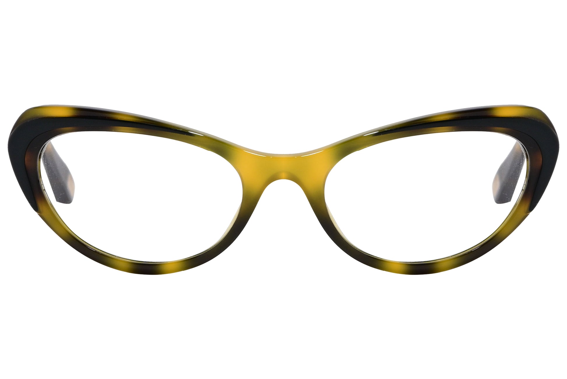 A pair of cat-eye eyeglasses with orange gold frames and black temples, featuring the brand name 'MARC JACOBS' on the side.