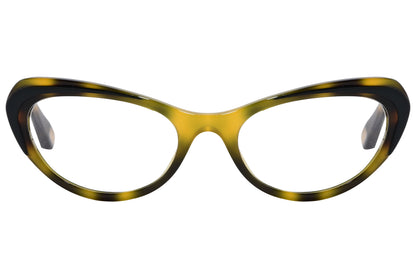 A pair of cat-eye eyeglasses with orange gold frames and black temples, featuring the brand name 'MARC JACOBS' on the side.