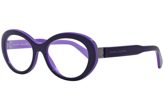 marc jacobs oval purple eyeglasses frame viewed from a 45-degree angle.