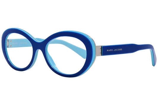 marc jacobs oval blue eyeglasses frame viewed from a 45-degree angle.