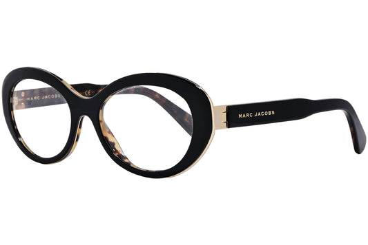 marc jacobs oval black eyeglasses frame viewed from a 45-degree angle.