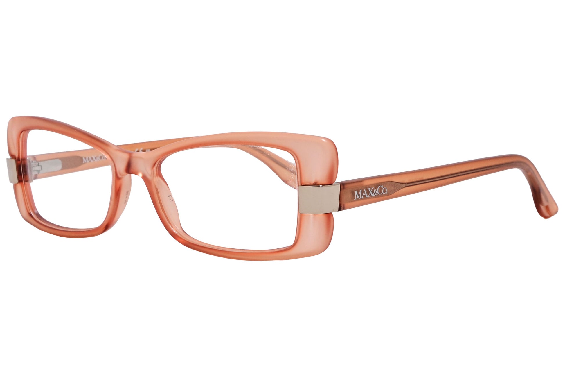 max&co butterfly peach eyeglasses frame viewed from a 45-degree angle.