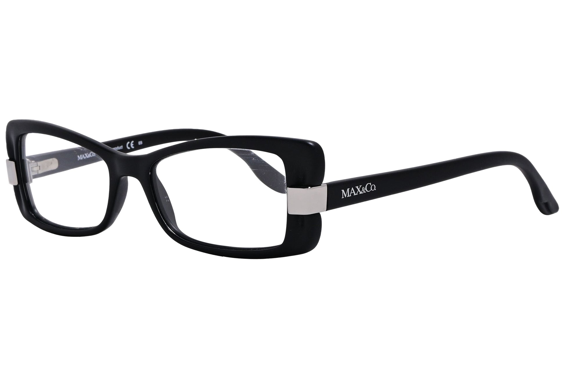 max&co butterfly black eyeglasses frame viewed from a 45-degree angle.