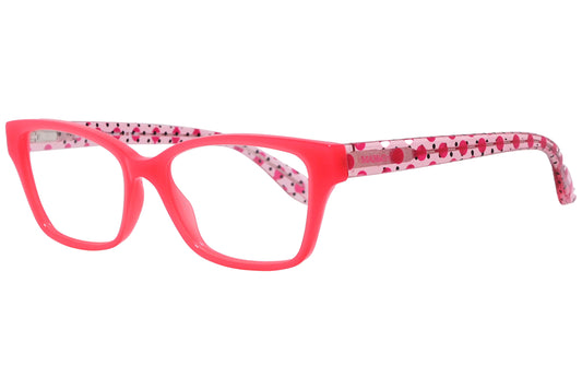 max&co wayfarer pink eyeglasses frame viewed from a 45-degree angle.