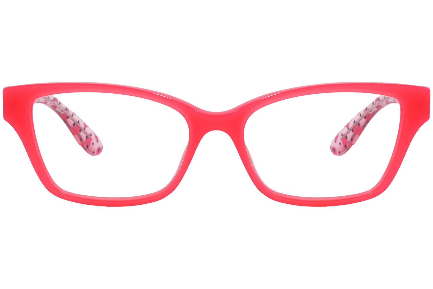 max&co wayfarer pink eyeglasses frame viewed from front angle.