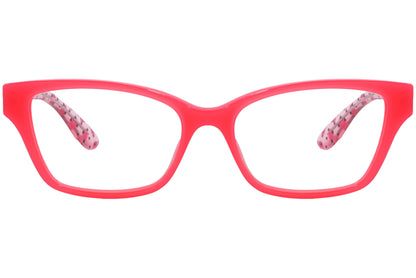 max&co wayfarer pink eyeglasses frame viewed from front angle.