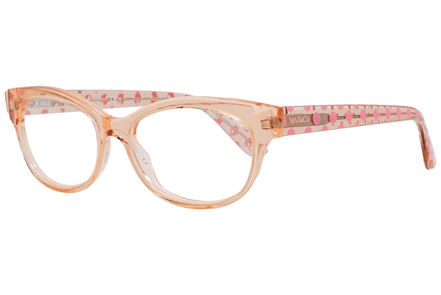 max&co oval pink eyeglasses frame viewed from a 45-degree angle.