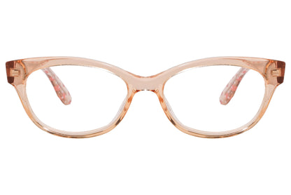 max&co oval pink eyeglasses frame viewed from front angle.