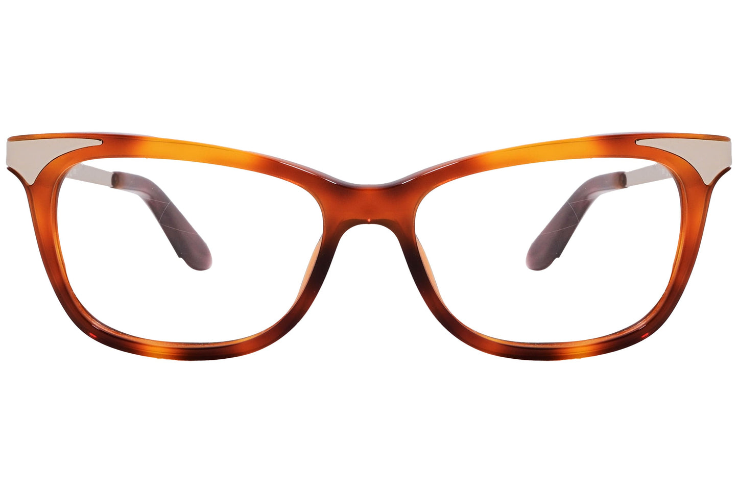 max&co wayfarer brown eyeglasses frame viewed from front angle.