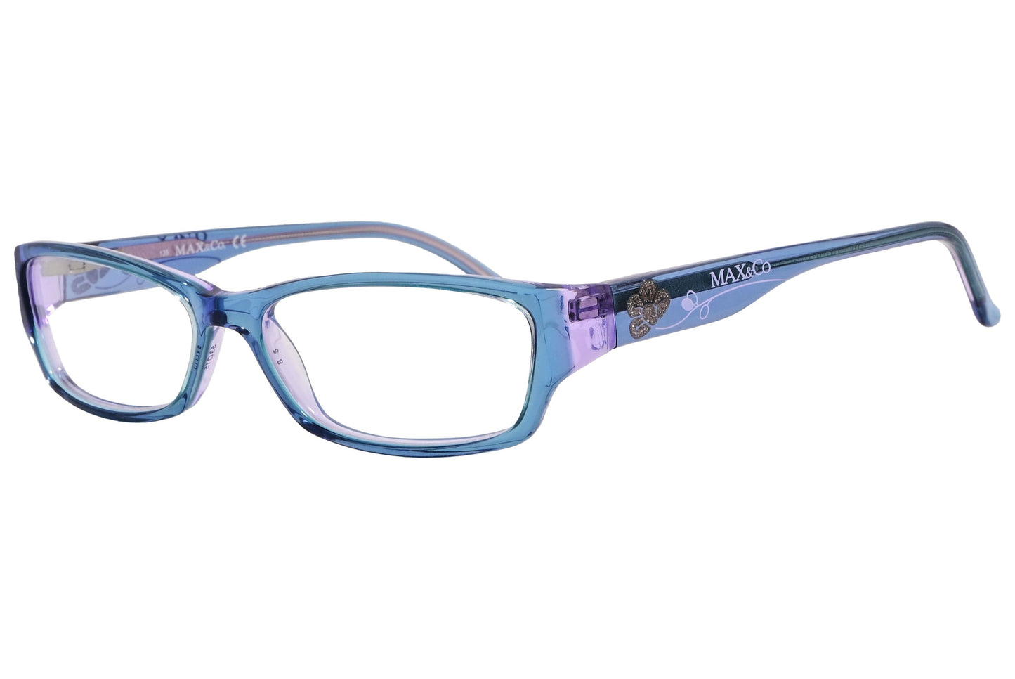 max&co rectangle blue eyeglasses frame viewed from a 45-degree angle.