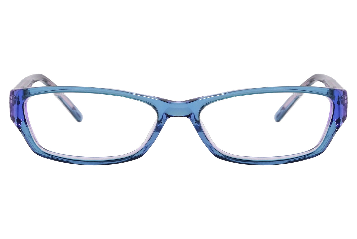 max&co rectangle blue eyeglasses frame viewed from front angle.