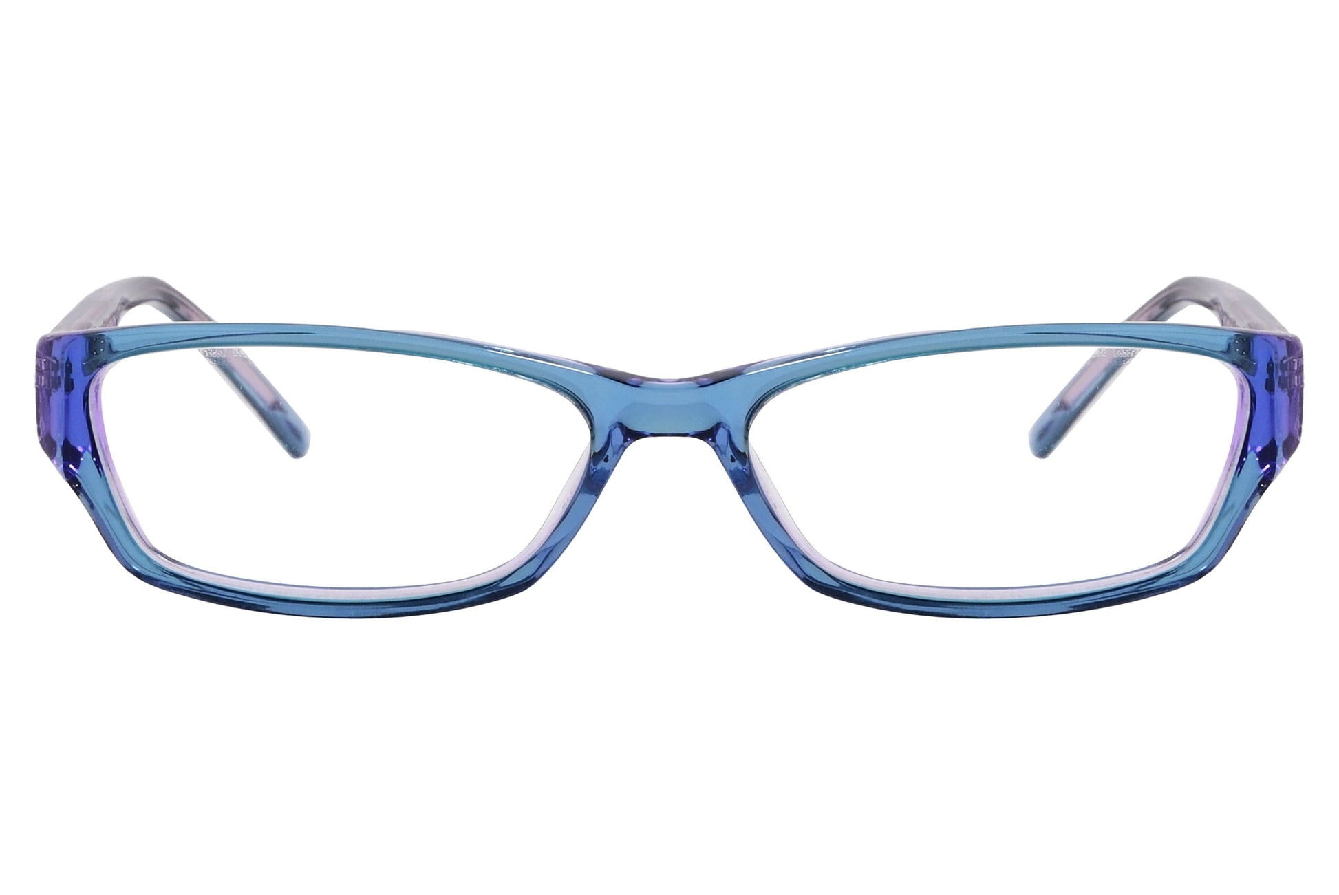 max&co rectangle blue eyeglasses frame viewed from front angle.