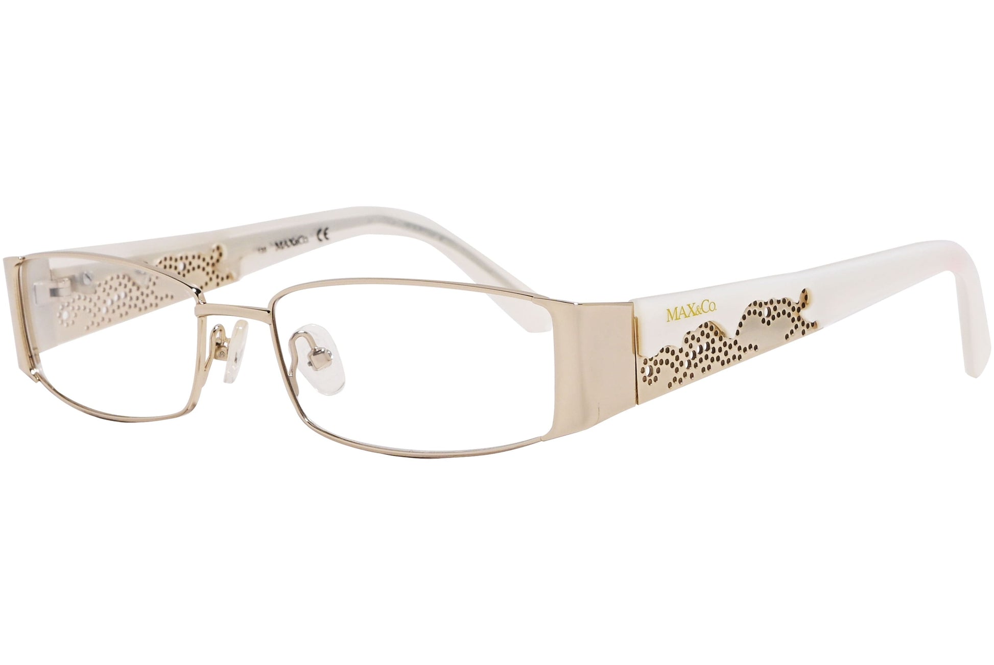 max&co rectangle gold with white eyeglasses frame viewed from a 45-degree angle.