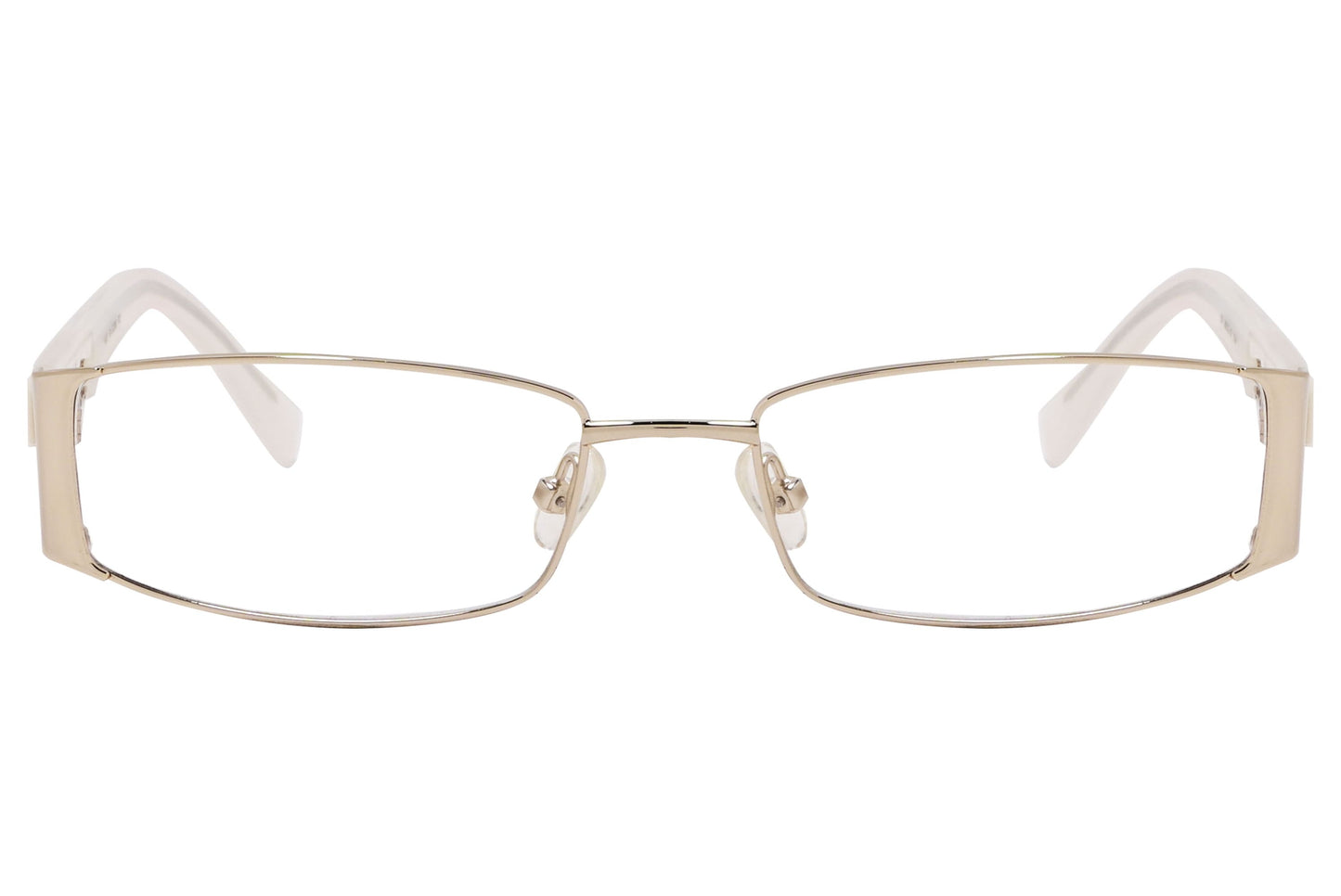 max&co rectangle gold with white eyeglasses frame viewed from front angle.