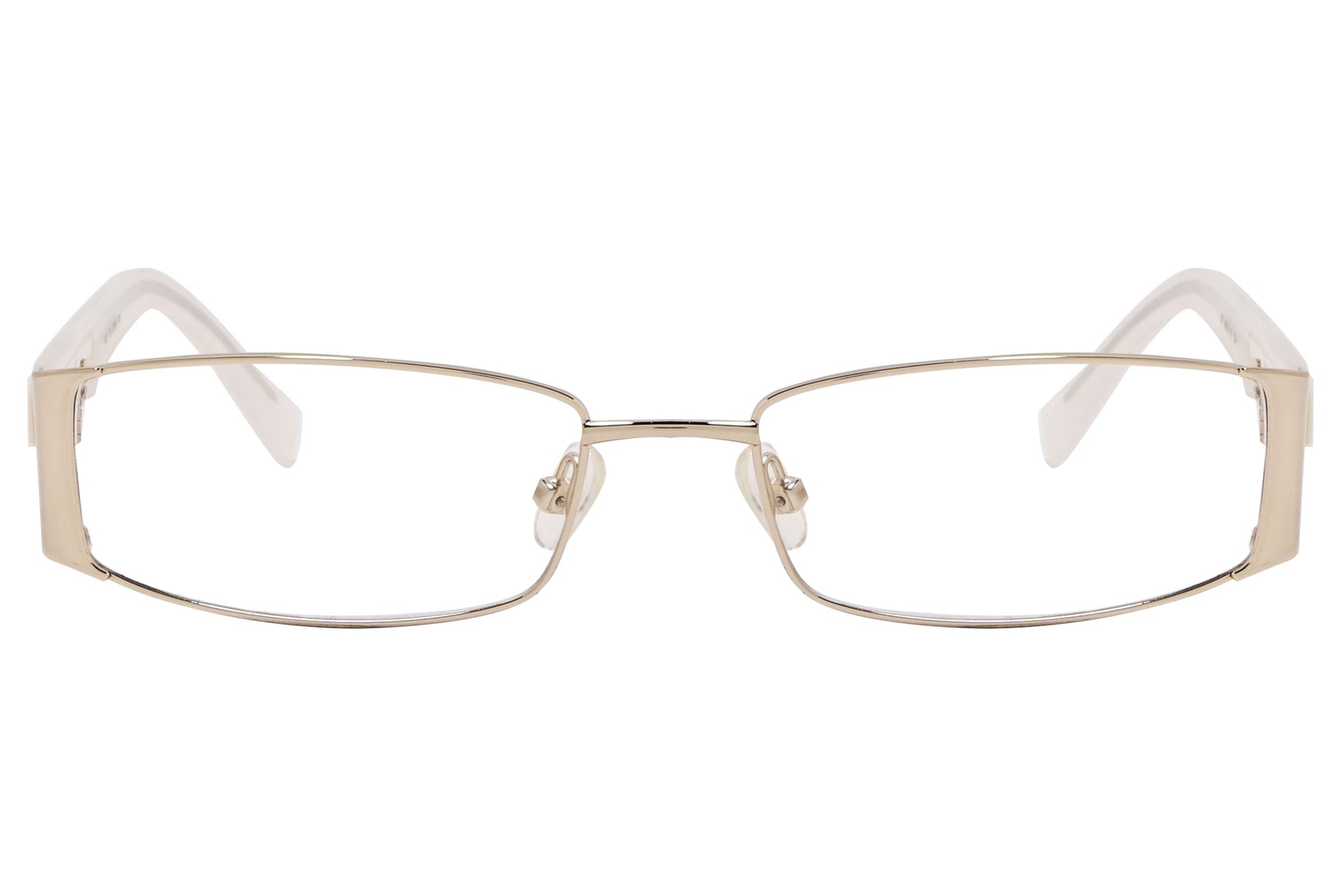 max&co rectangle gold with white eyeglasses frame viewed from front angle.