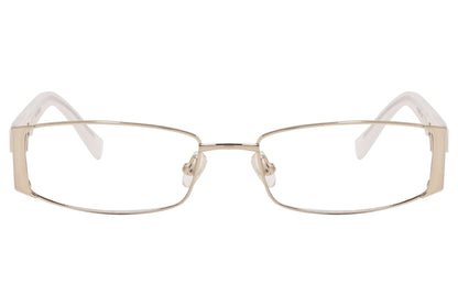 max&co rectangle gold with white eyeglasses frame viewed from front angle.