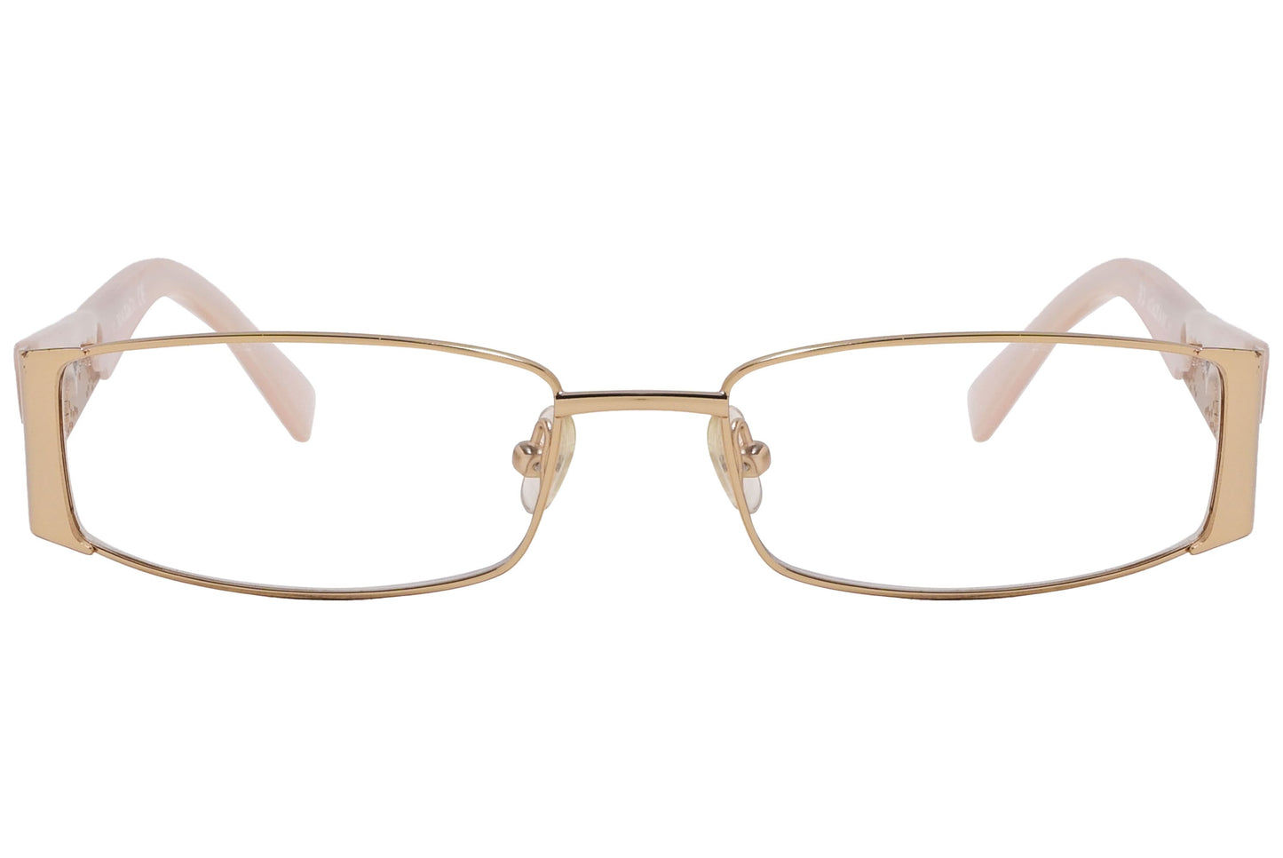 max&co rectangle rose gold with pink eyeglasses frame viewed from front angle.