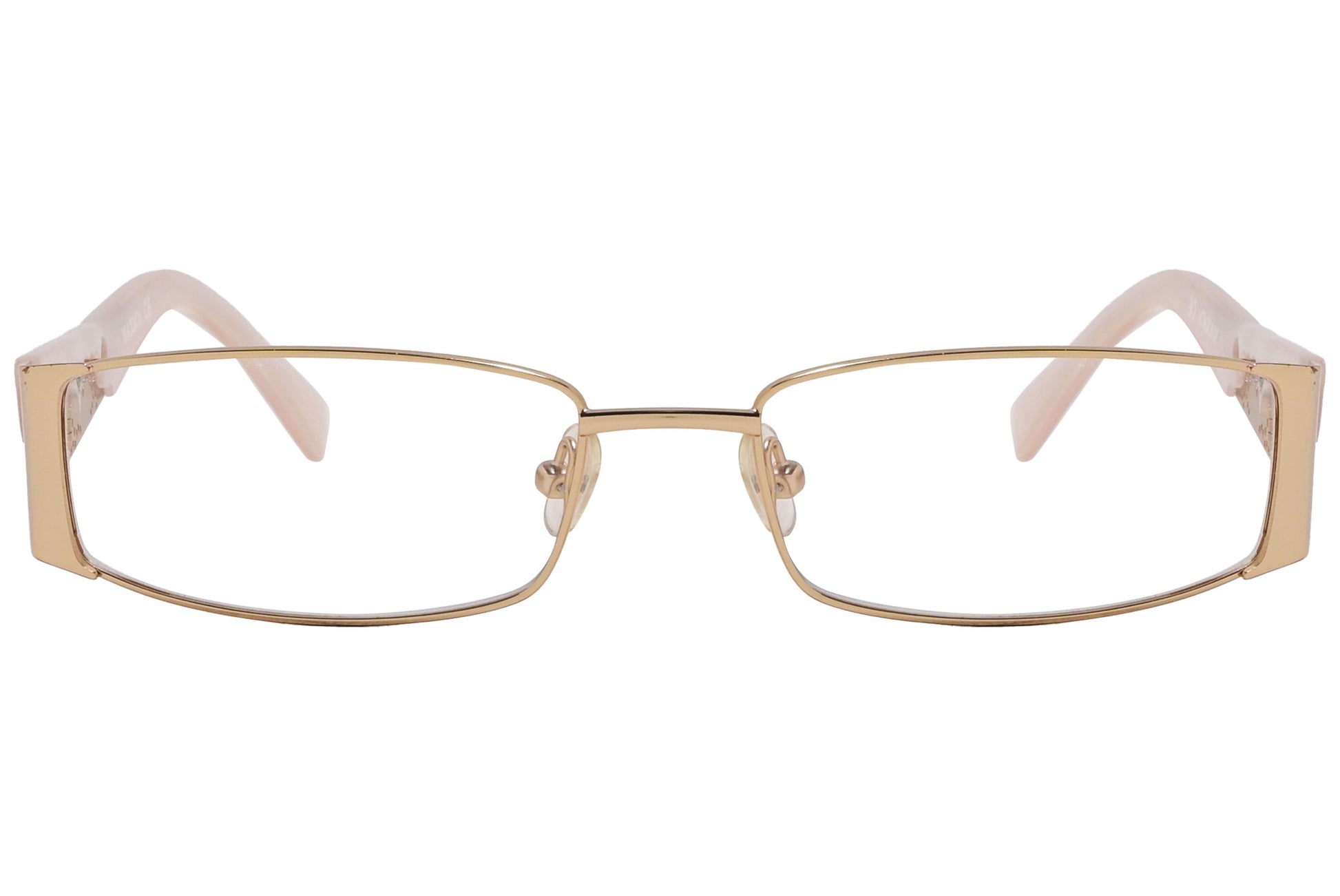 max&co rectangle rose gold with pink eyeglasses frame viewed from front angle.