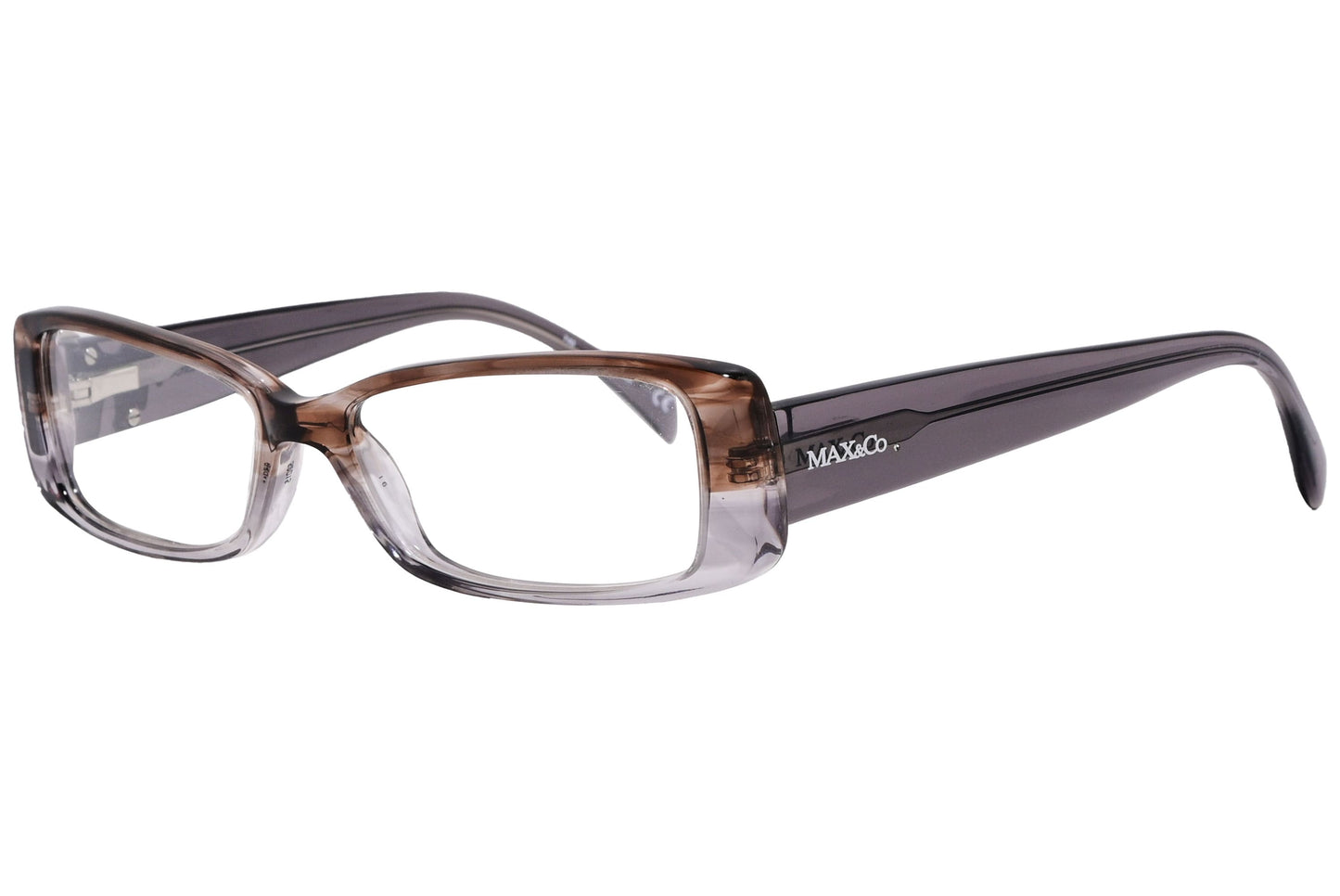 max&co rectangle gray eyeglasses frame viewed from a 45-degree angle.